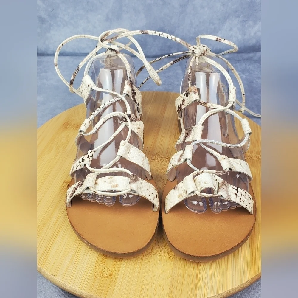 ALDO Womens Jaeryan Cream Gray‎ Leather Caged Strap Snake Print Flat Sandals 9